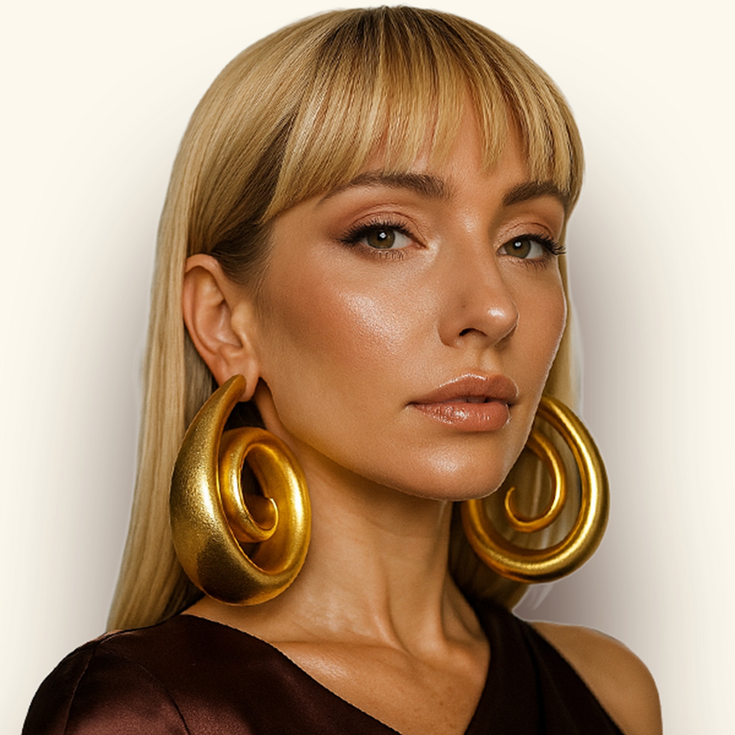 Woman wearing large gold hoop earrings against a plain background