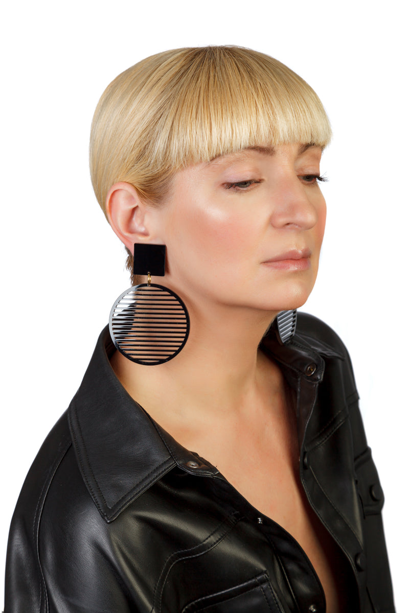 PlexiGlass Mirror-Black Stripes Hoop Earrings / Black
