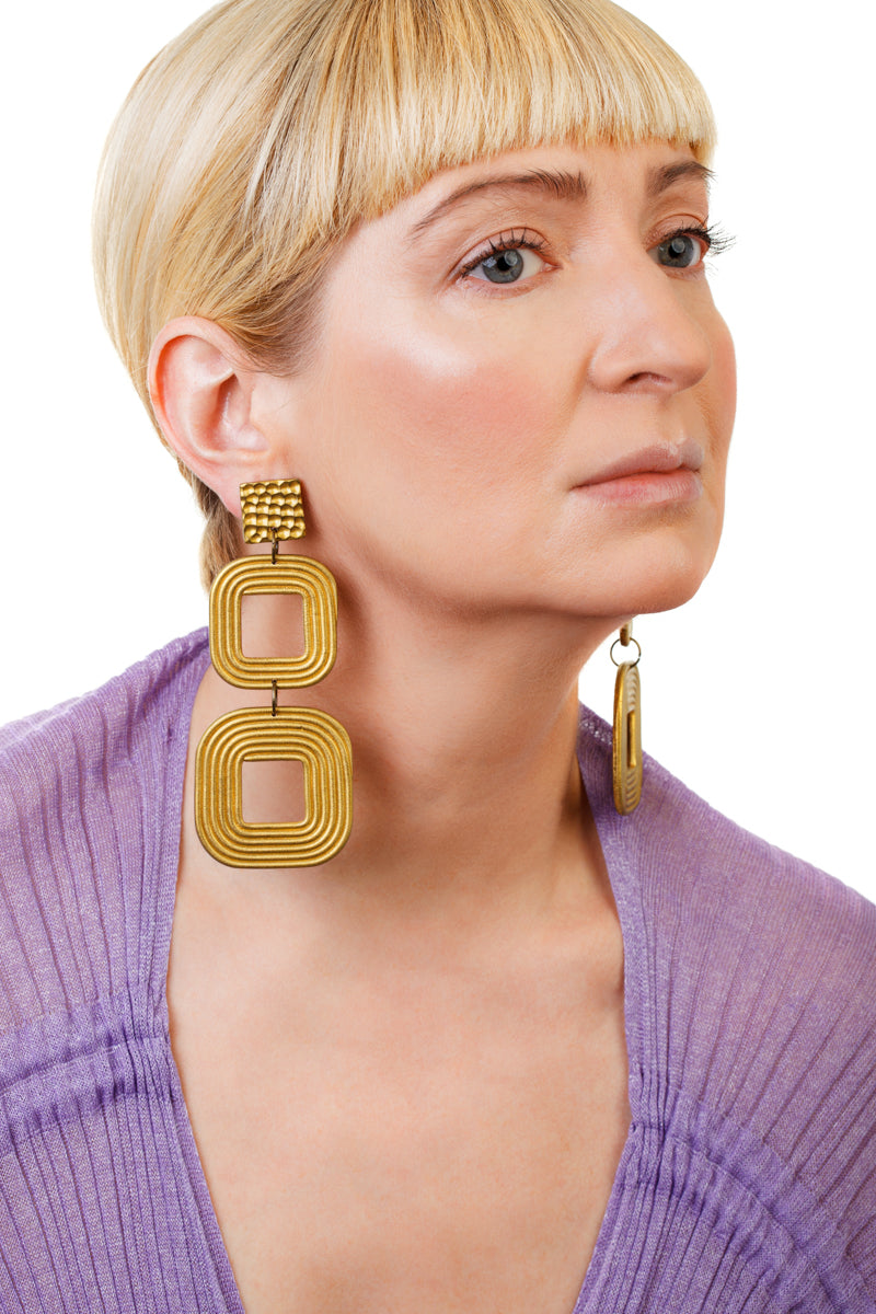 African Spiral Square Earrings/ Gold
