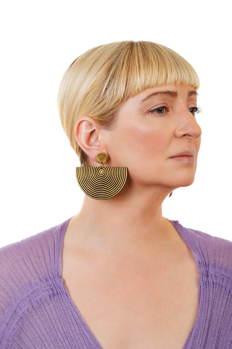 African Spiral Half Moon Earrings/ Aged Gold