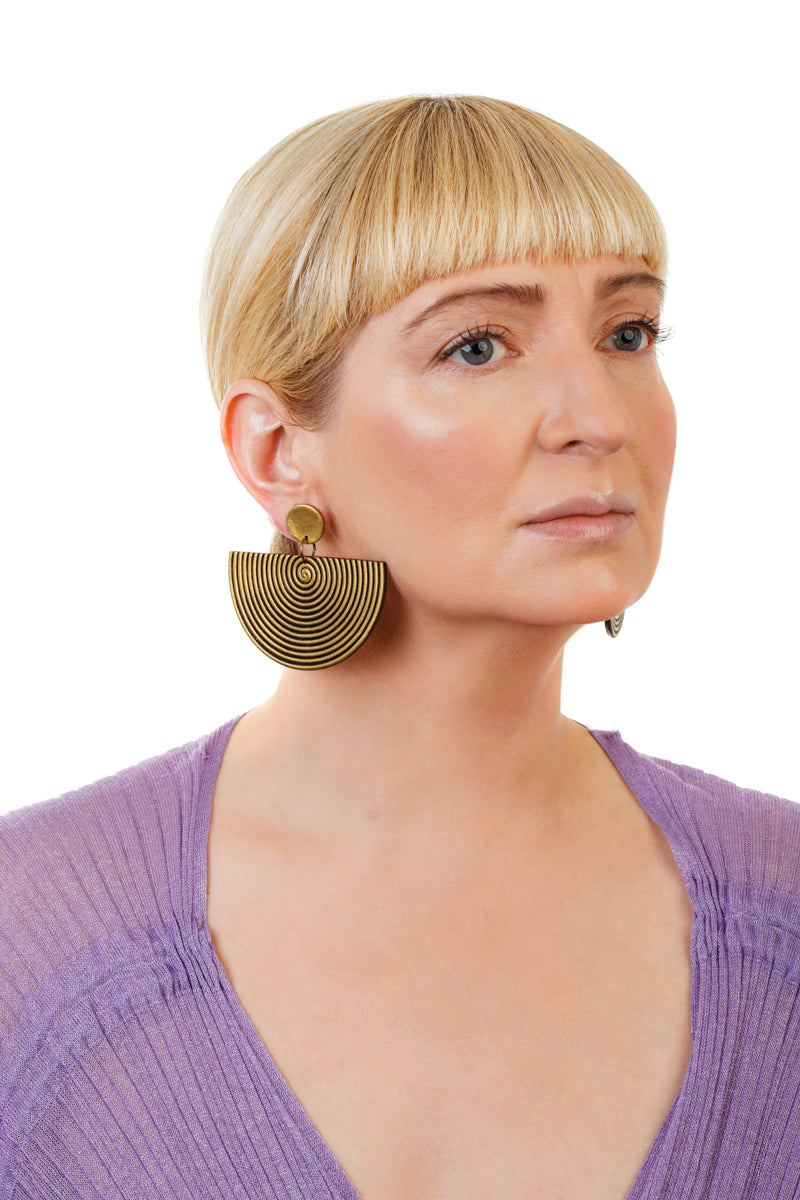African Spiral Half Moon Earrings/ Aged Gold