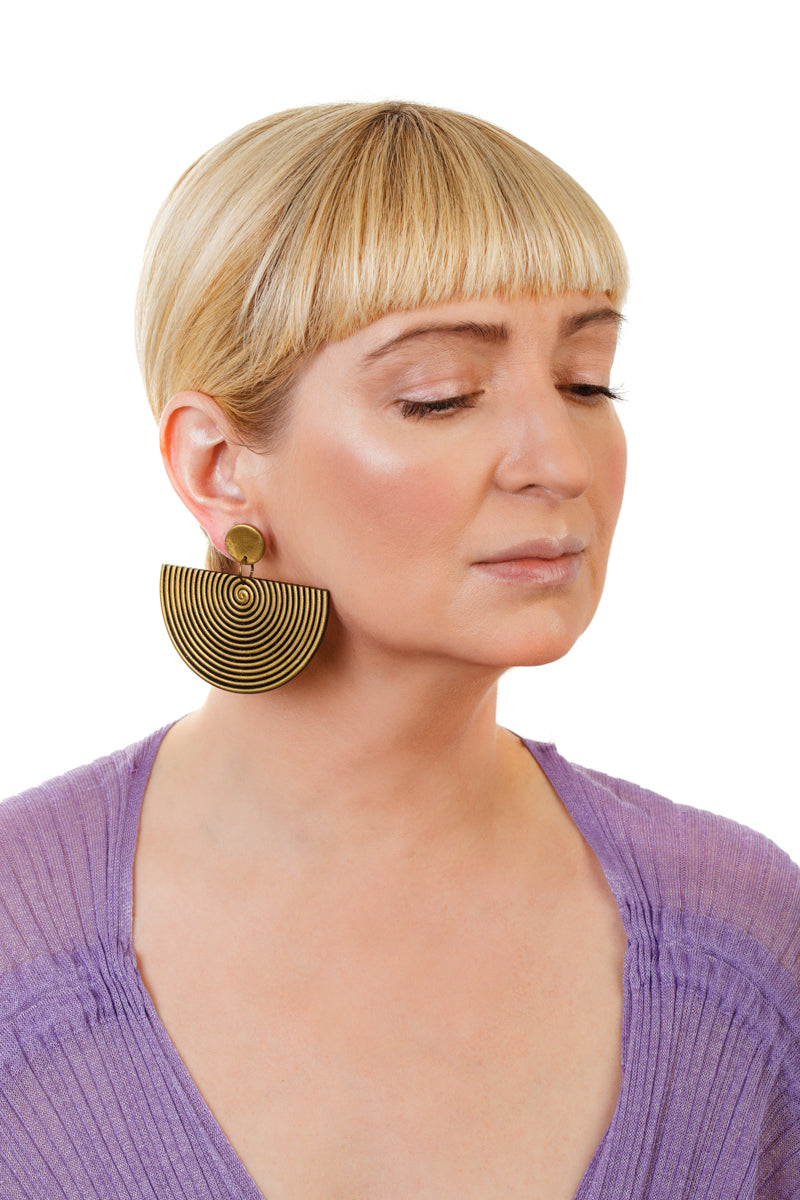 African Spiral Half Moon Earrings/ Aged Gold