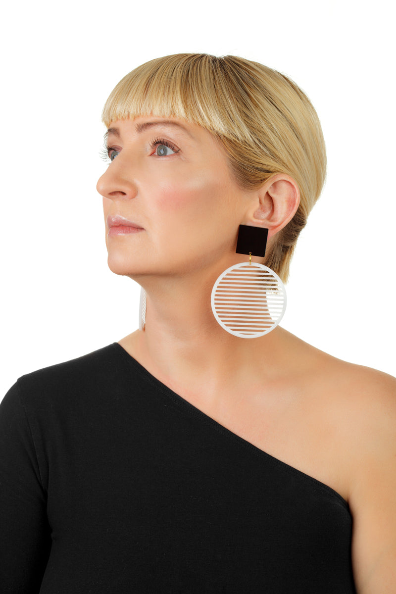 PlexiGlass Mirror-Black & White Stripes Hoop Earrings / Black & White