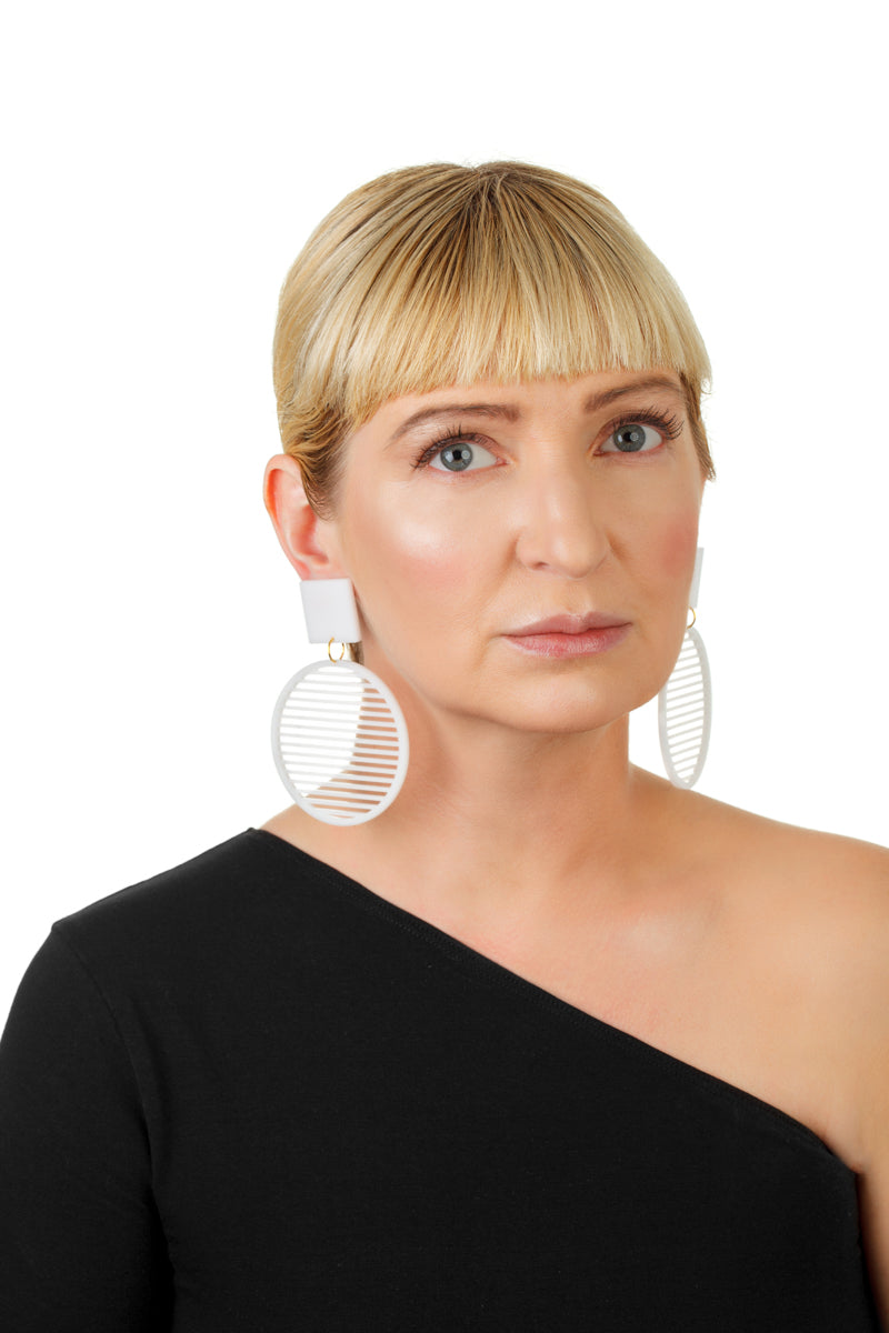 PlexiGlass Mirror-White Stripes Hoop Earrings / White