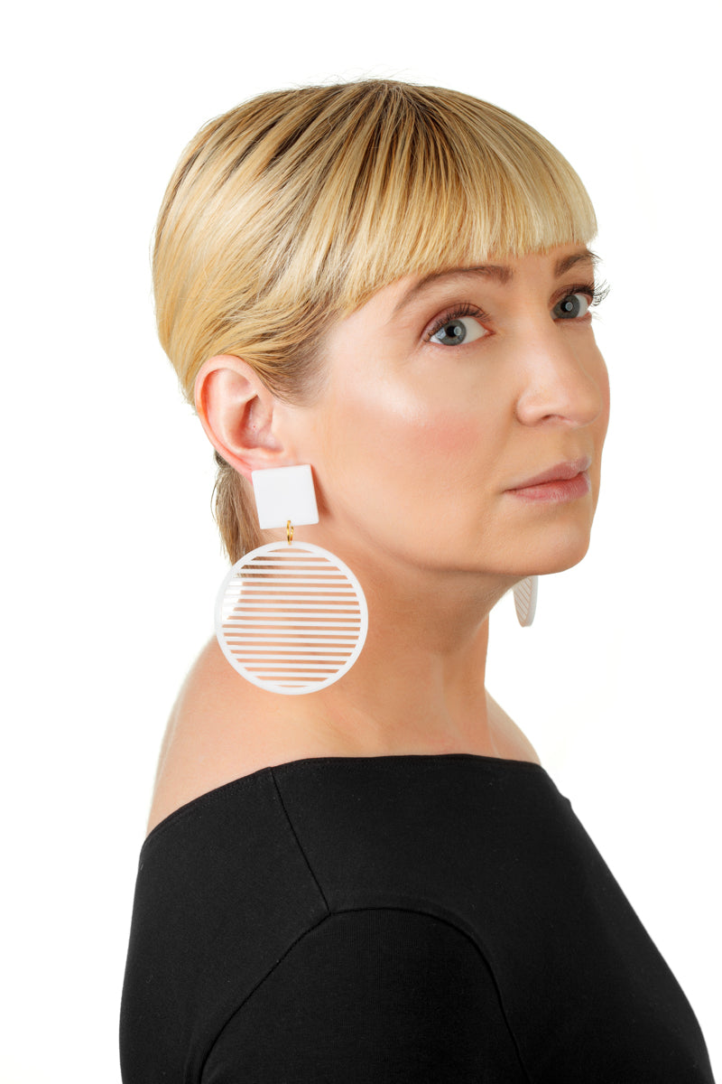 PlexiGlass Mirror-White Stripes Hoop Earrings / White