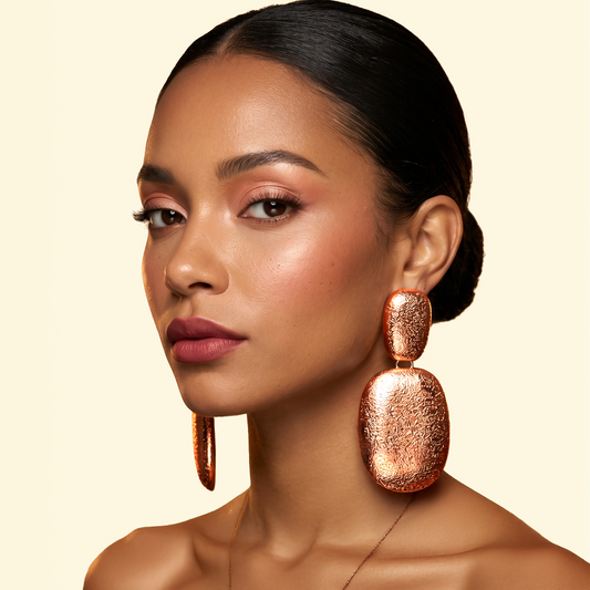 Bubble Earrings — copper rounded bubble cluster earrings on model, statement bold handmade jewelry for party