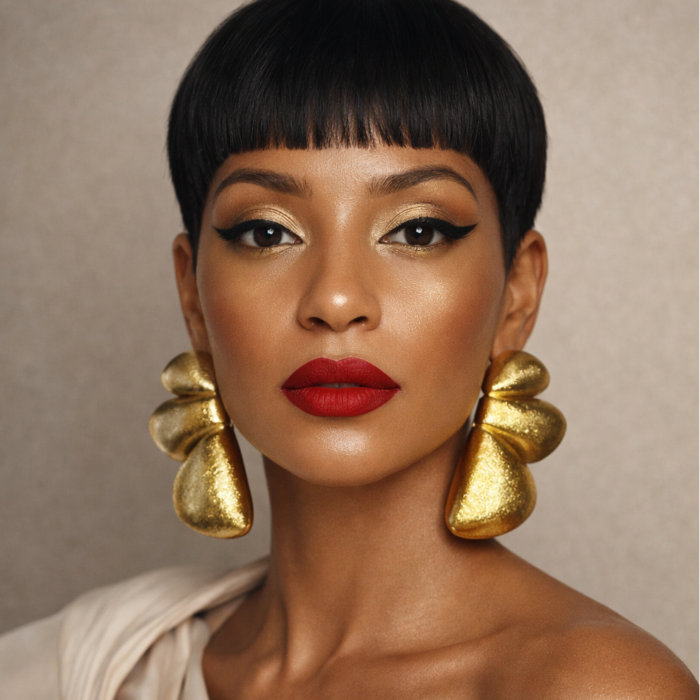 Luma earrings — gold abstract sculptural drop earrings on model, statement sculptural handmade jewelry for party