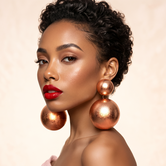 Balloons Earrings — copper rounded playful dangle earrings on model, statement bold handmade jewelry for party