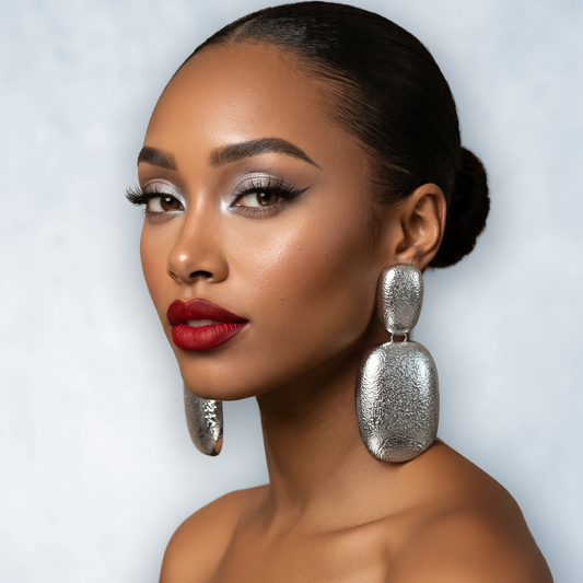 Bubble Earrings — silver rounded bubble cluster earrings on model, statement bold handmade jewelry for party