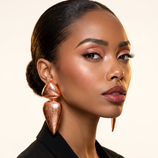 Spear Earrings — copper long sculptural spear earrings on model, statement sculptural handmade jewelry for party
