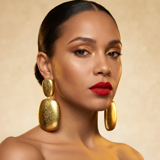 Bubble Earrings — gold rounded bubble cluster earrings on model, statement bold handmade jewelry for party