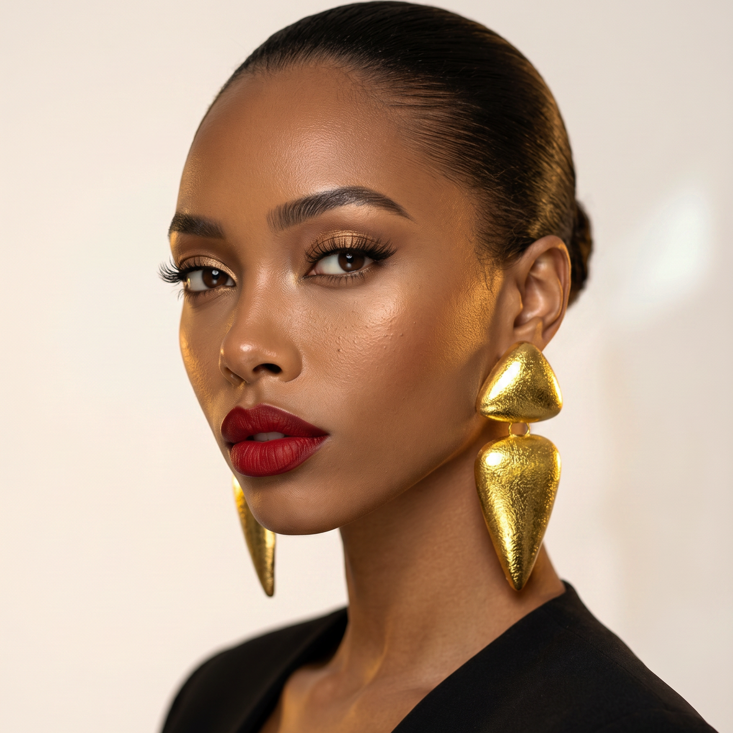 Spear Earrings — gold long sculptural spear earrings on model, statement sculptural handmade jewelry for party