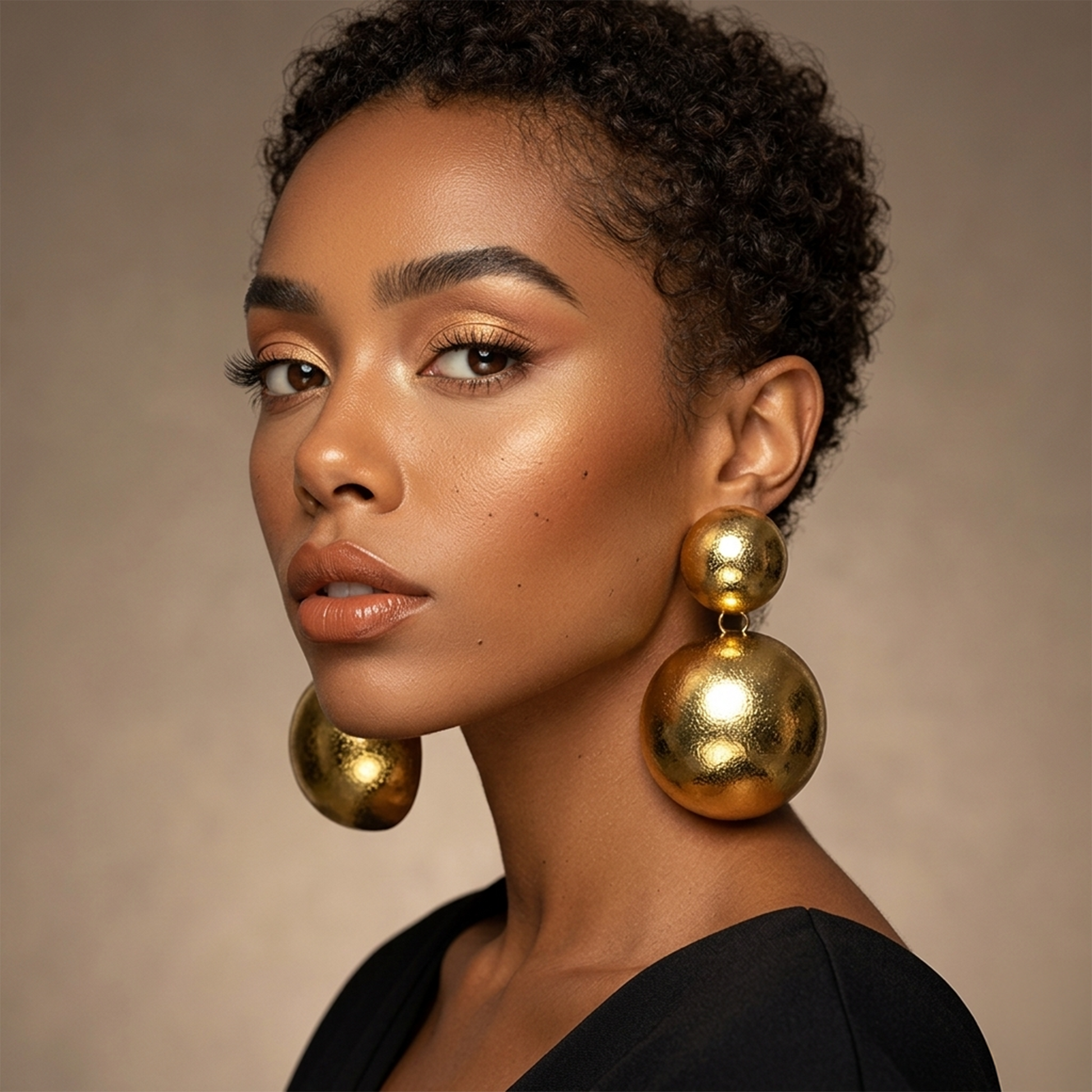 Balloons Earrings — gold rounded playful dangle earrings on model, statement bold handmade jewelry for party