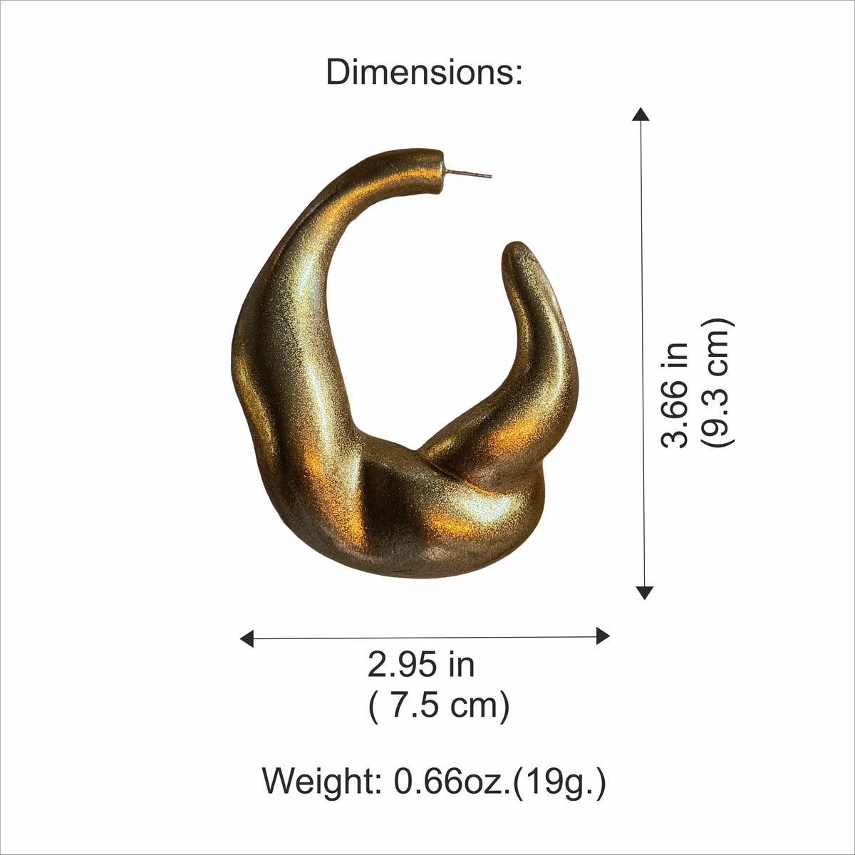 Lava Hoops gold size guide, 9.3 cm tall and 7.5 cm wide, 19 g