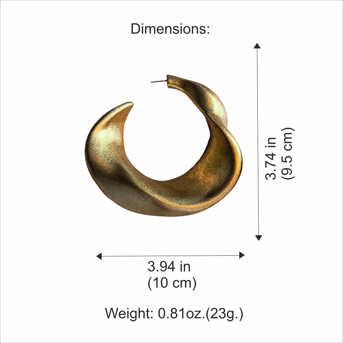 Leaf Hoops gold size guide, 9.5 cm tall and 10 cm wide, 23 g