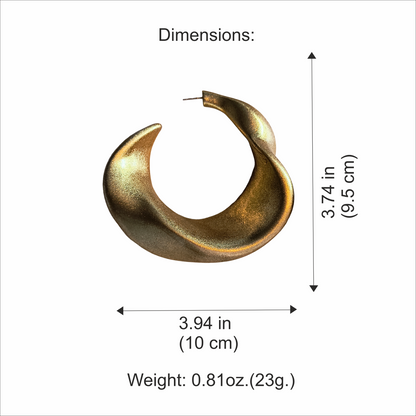 Leaf Hoops gold size guide, 9.5 cm tall and 10 cm wide, 23 g