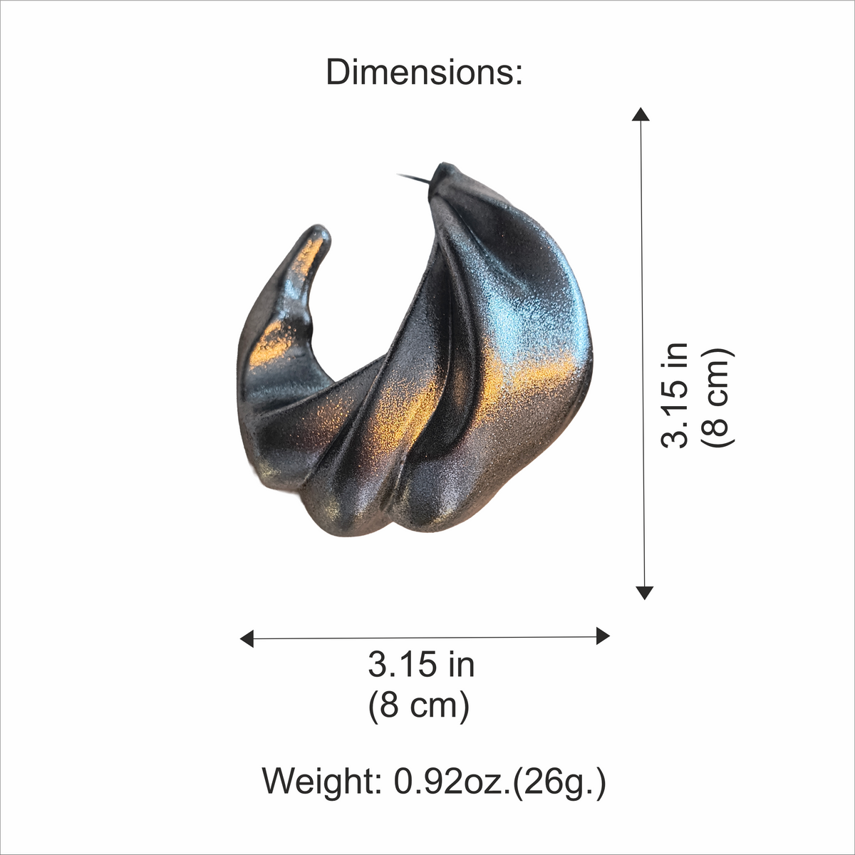 Wave Hoops silver size guide, 8 cm tall and 8 cm wide, 26 g