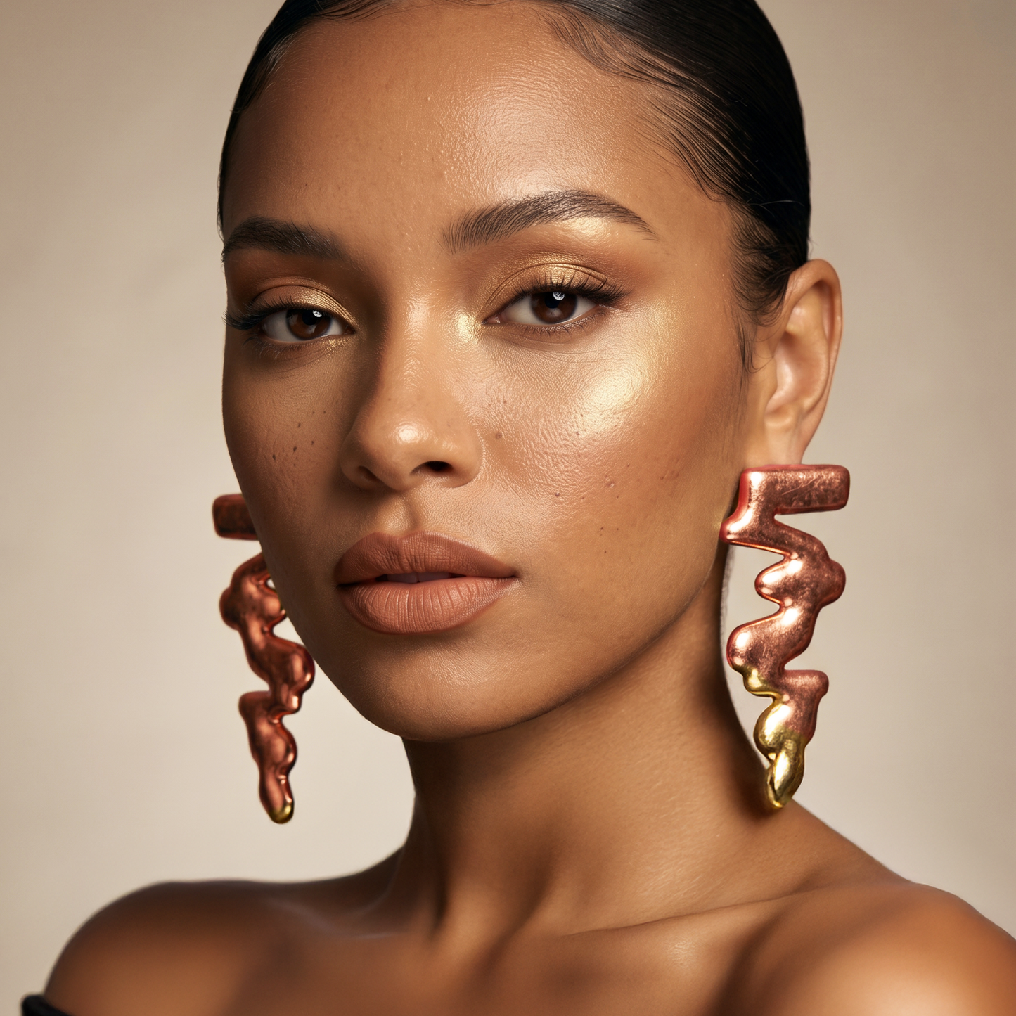 Zigzag Rhapsody Earrings — copper angular zigzag drop earrings on model, statement geometric handmade jewelry for party