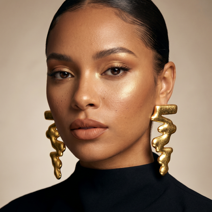 Zigzag Rhapsody Earrings — gold angular zigzag drop earrings on model, statement geometric handmade jewelry for party