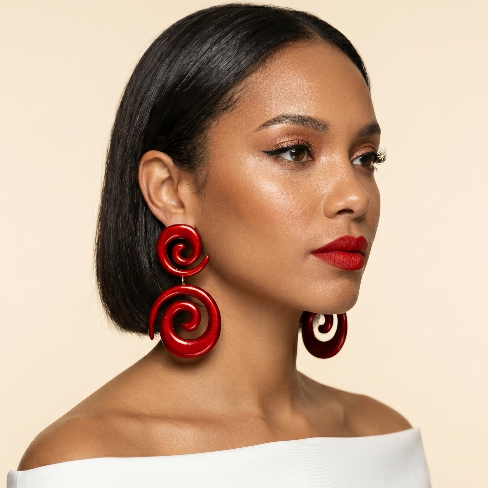 Bold Loops Earrings — red graphic loop statement earrings on model, statement bold handmade jewelry for evening