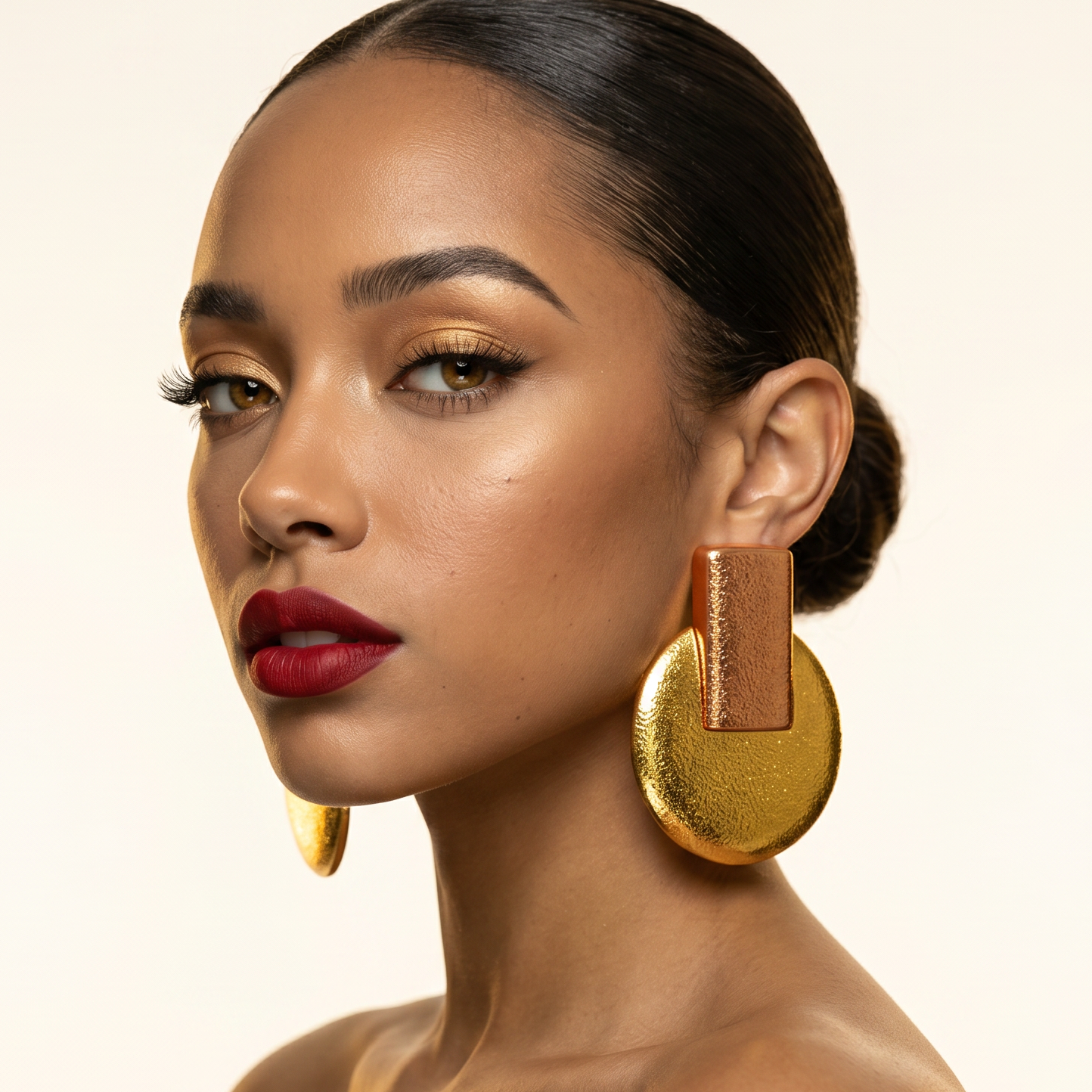 Egypt Earrings — copper + gold architectural fan drop earrings on model, statement bold handmade jewelry for party