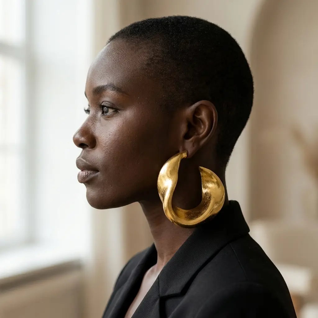 Leaf Hoops gold, pair shown flat to reveal the wide tapering hoop shape