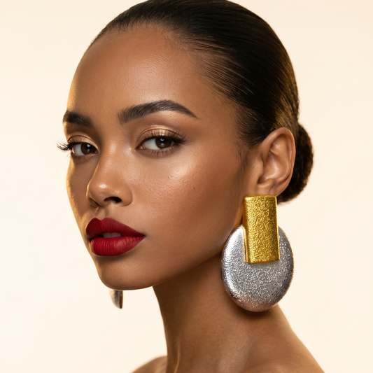 Egypt Earrings — silver+gold architectural fan drop earrings on model, statement bold handmade jewelry for party