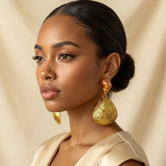 Shell Earrings — copper + gold organic shell drop earrings on model, statement shell handmade jewelry for party