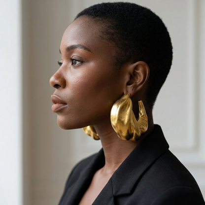 Wave Hoops gold African statement hoop earrings worn on the ear