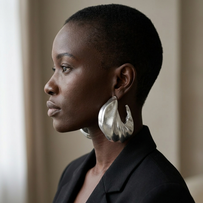 Wave Hoops silver African statement hoop earrings worn on the ear