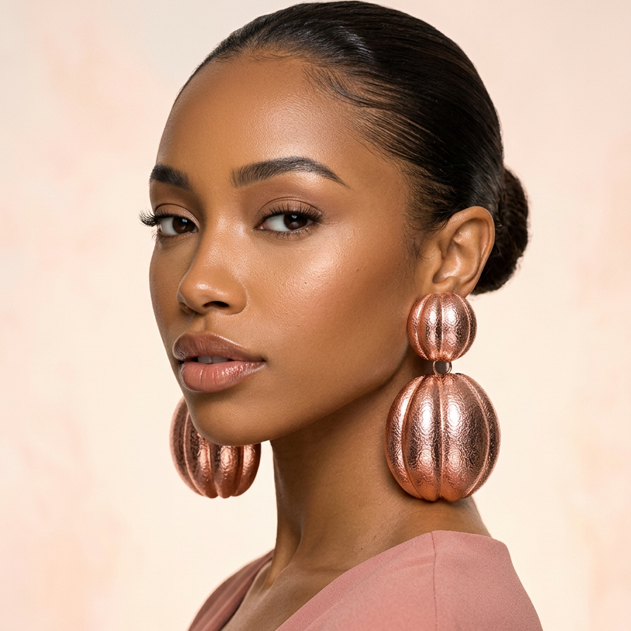 Pumpkin Earrings — copper rounded ribbed dangle earrings on model, statement pumpkin handmade jewelry for party