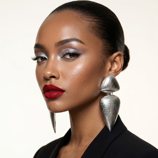 Spear Earrings — silver long sculptural spear earrings on model, statement sculptural handmade jewelry for party