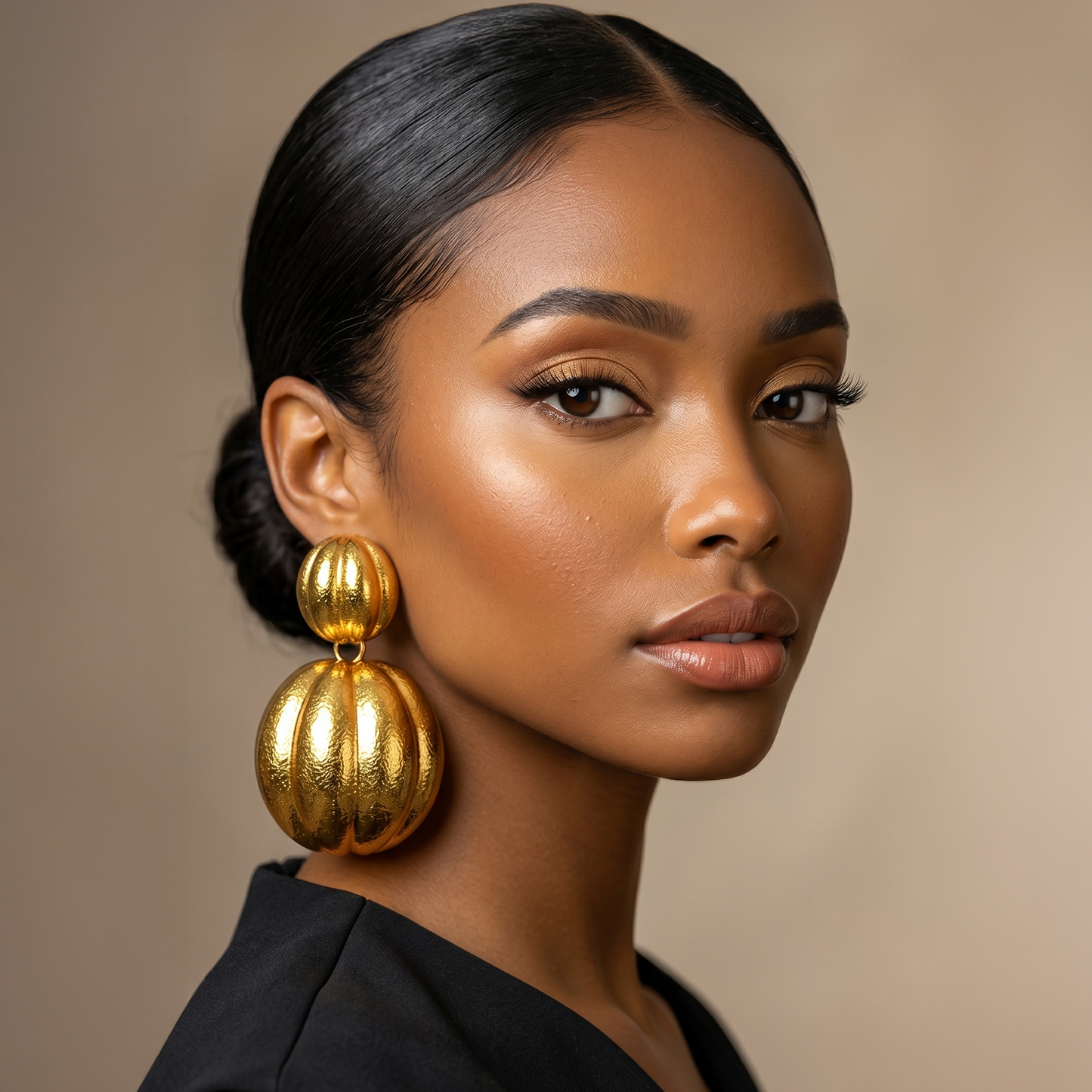 Pumpkin Earrings — gold rounded ribbed dangle earrings on model, statement pumpkin handmade jewelry for party