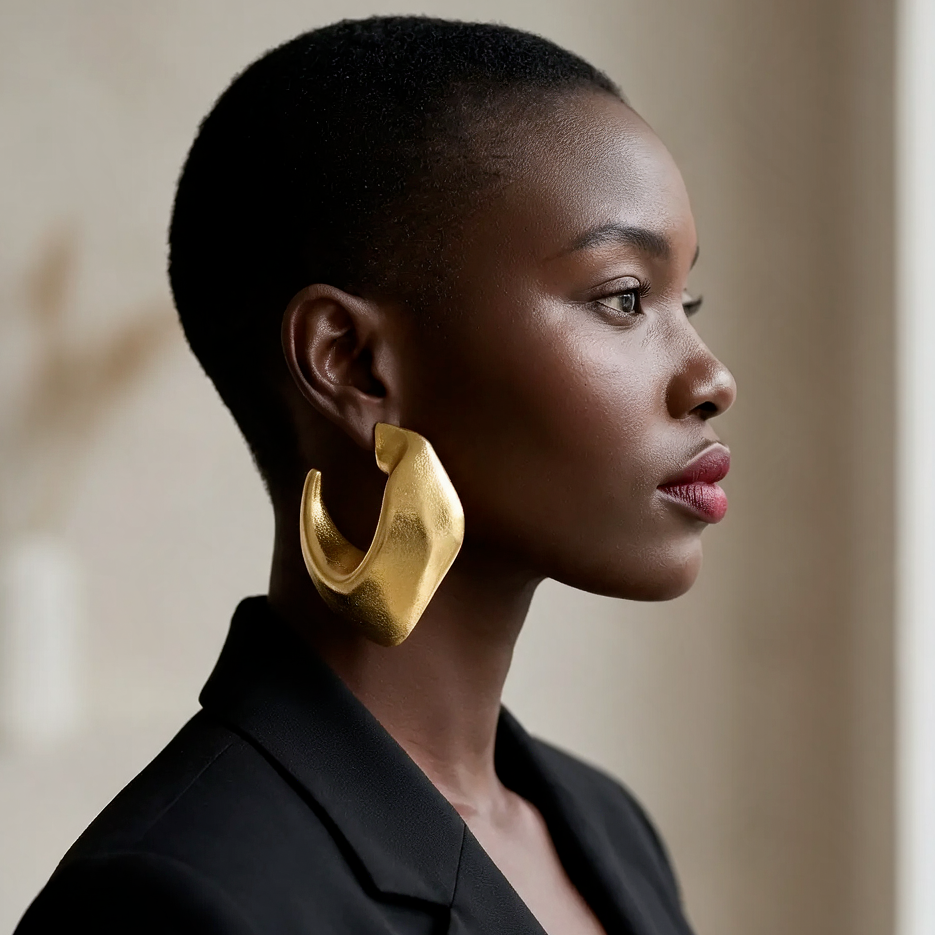 Slash Hoops gold African statement hoop earrings worn on the ear