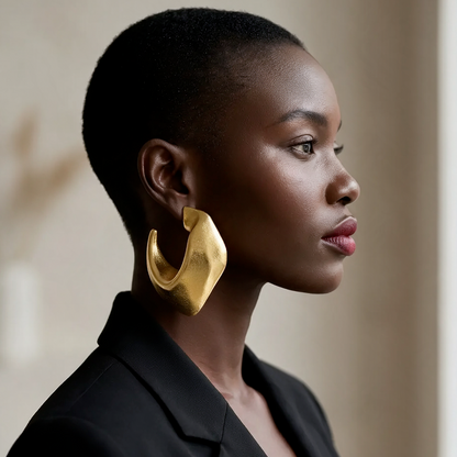 Slash Hoops gold African statement hoop earrings worn on the ear