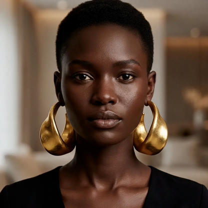 Leaf Hoops gold African statement hoop earrings worn on the ear