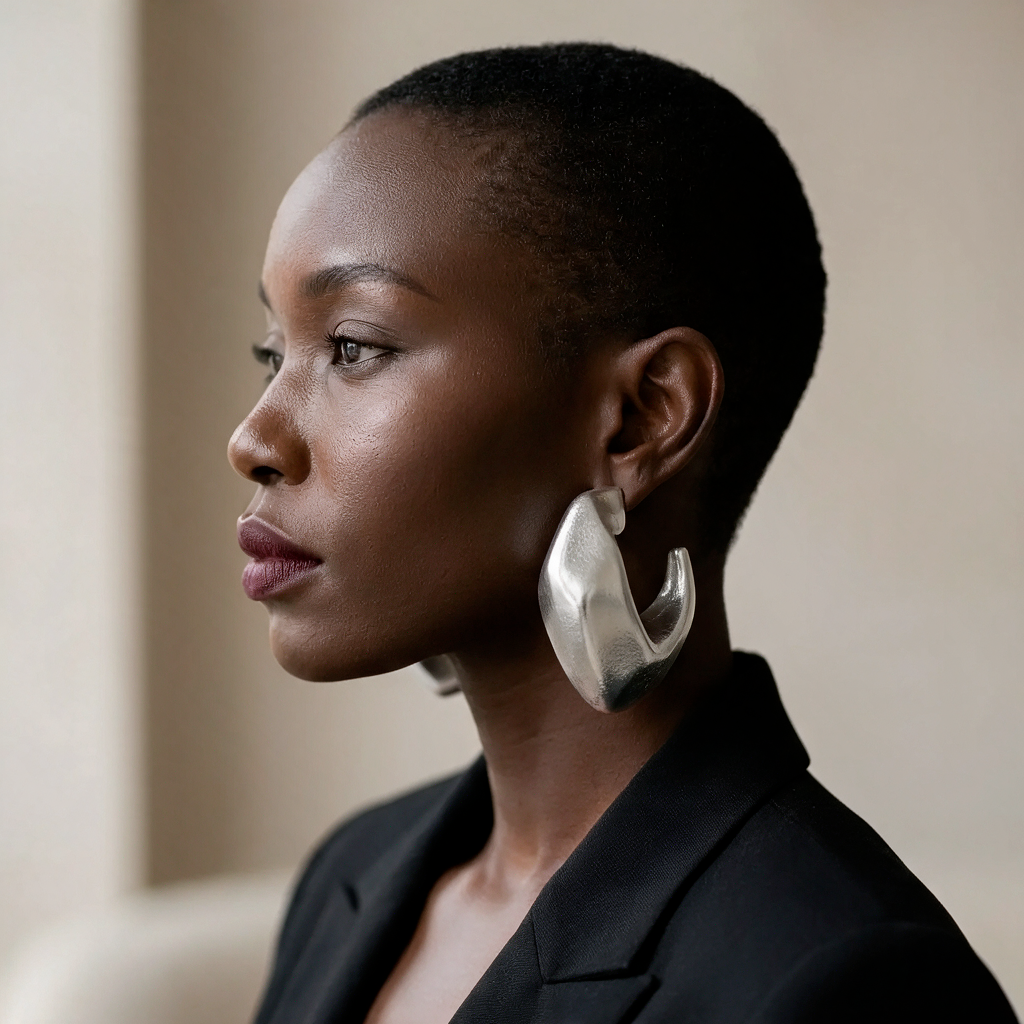 Slash Hoops silver African statement hoop earrings worn on the ear