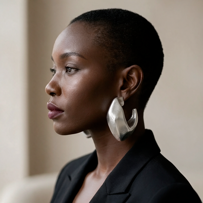 Slash Hoops silver African statement hoop earrings worn on the ear