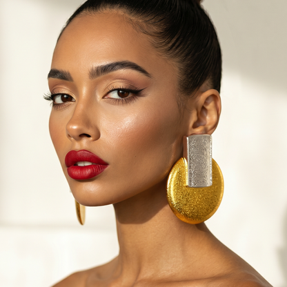 Egypt Earrings — gold + silver architectural fan drop earrings on model, statement bold handmade jewelry for party