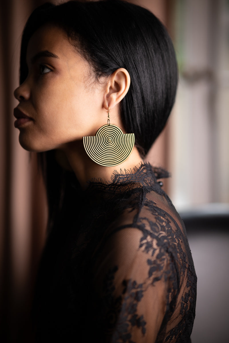 African Spiral Semi-Circle Earrings/ Aged Gold