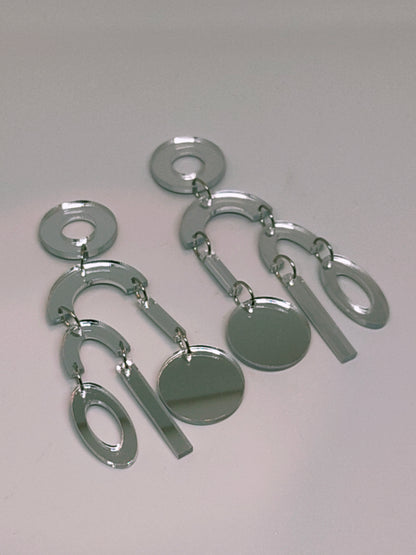 Plexiglass Silver-Mirror Geometric Mobile Earrings/ Silver