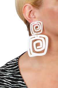 PlexiGlass Mirror-White Spiral Double Square Earrings / White