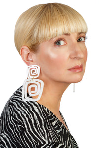 PlexiGlass Mirror-White Spiral Double Square Earrings / White
