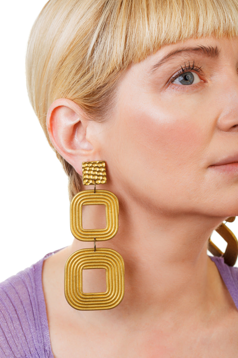 African Spiral Square Earrings/ Gold