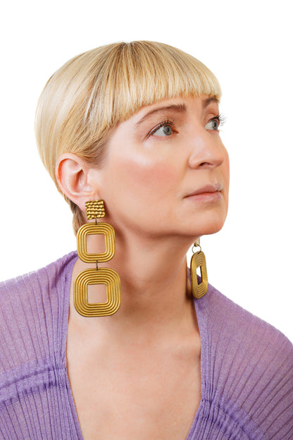 African Spiral Square Earrings/ Gold