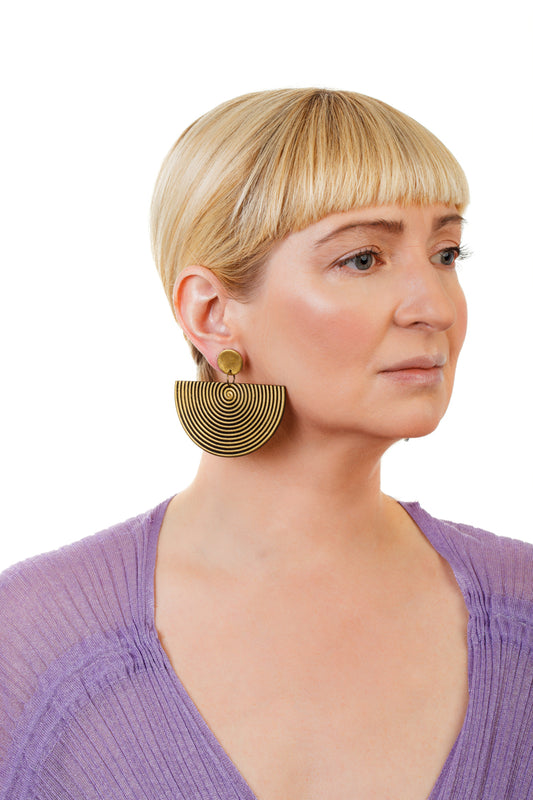African Spiral Half Moon Earrings/ Aged Gold