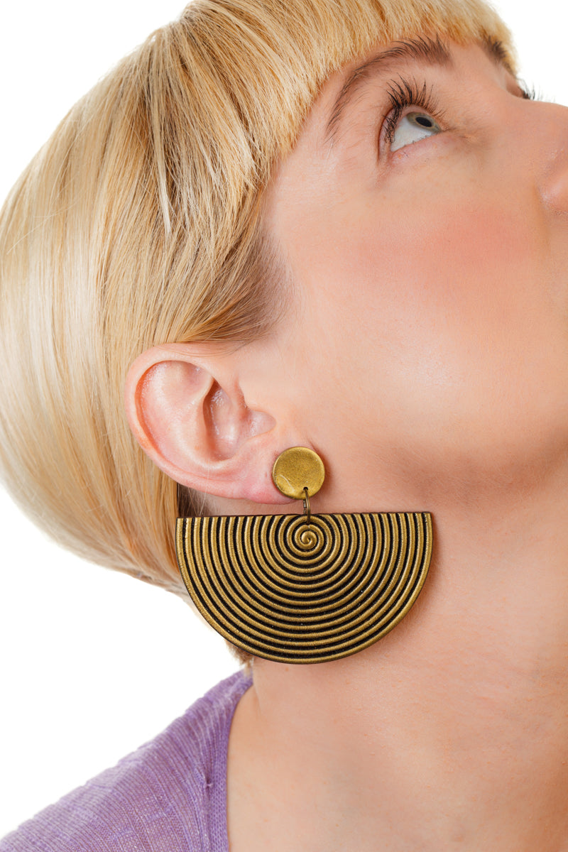 African Spiral Half Moon Earrings/ Aged Gold