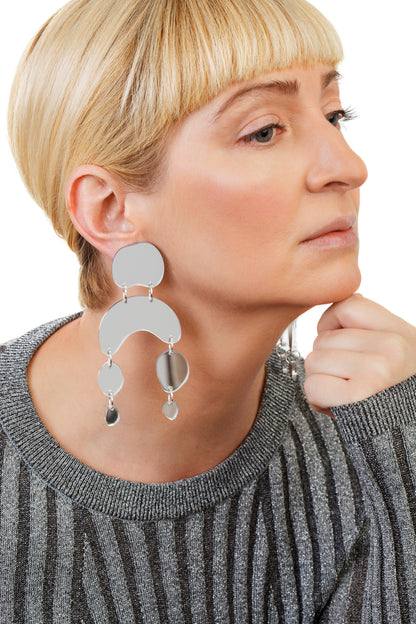 Plexiglass Silver-Mirror Pebbles Mobile Earrings/ Silver