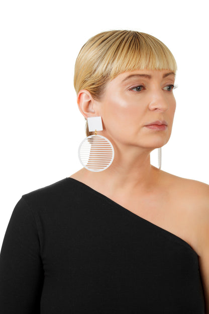 PlexiGlass Mirror-White Stripes Hoop Earrings / White